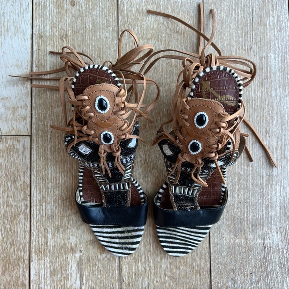 Sam Edelman Sandals Yates Tribal Beaded Wraparound High Heel Black & Soft Saddle - Picture 5 of 16